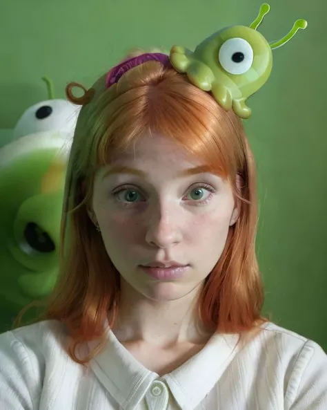 A photo of a confused ginger woman staring blankly in the air with a (brain slug) made of green jelly (attached to her head) <lora:sd15-brainslug-lora:1>, Very detailed, clean, high quality, sharp image