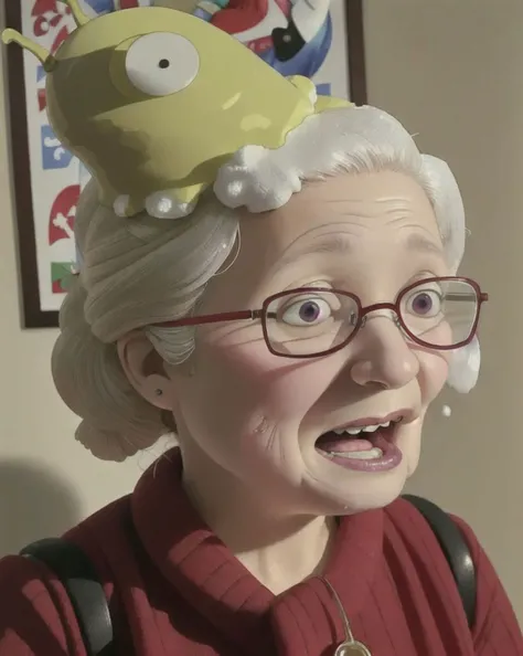 A photo of a shocked old granny with a gooey (brain slug attached to her head) <lora:sd15-brainslug-lora:1>, Very detailed, clean, high quality, sharp image, Dave Dorman