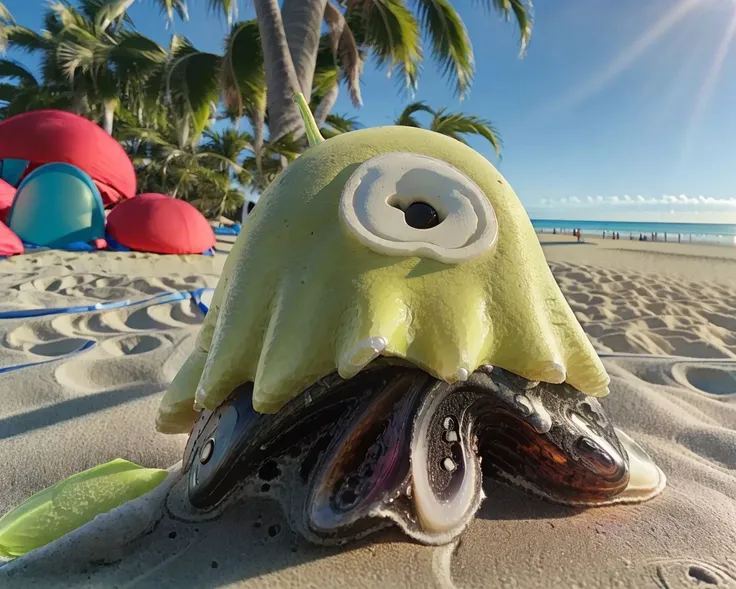 A photo of a (brain slug) enjoying a sunny day at the beach <lora:sd15-brainslug-lora:1>, Very detailed, clean, high quality, sharp image, Dave Dorman