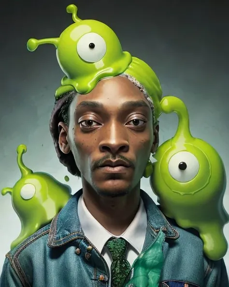 A photo of a confused brain controlled (snoop dog) staring blankly in the air with a gooey green (brain slug attached to his head) <lora:sd15-brainslug-lora:1>, Very detailed, clean, high quality, sharp image, based on H.P Lovecraft stories, Naoto Hattori