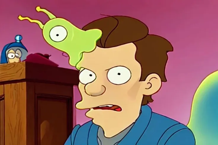 A photo of a futurama man making a weird face with (a brain slug attached to his head) <lora:sd15-brainslug-lora:1>, Very detailed, clean, high quality, sharp image