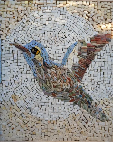 mosaic of a flying bird :1.4, Lucy Knisley , A personal mosaic:1.2, a self-portrait:0.8, comes to life as the artist arranges glass and ceramics:0.4 to reflect their inner world.<lora:mosaic:1.0>