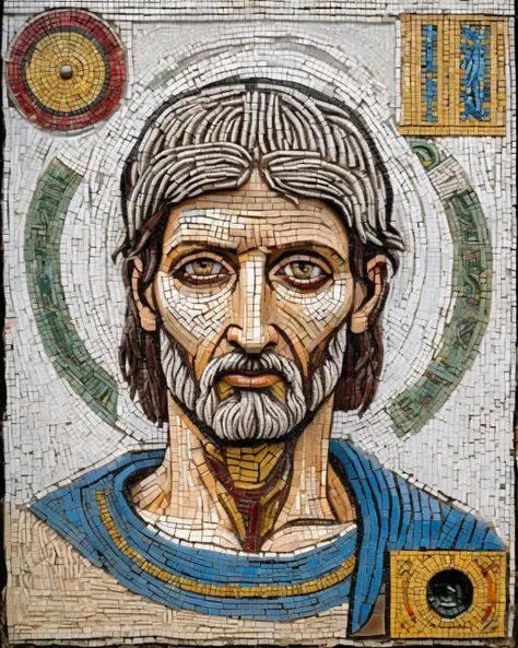 ancient roman mosaic :1.4, Peter de Sve , A mosaic of knowledge:1.0, adorned with symbols and text:0.7, pays homage to learning and wisdom:0.3 through visual storytelling. , cyberpunk:1.3<lora:mosaic:1.0>