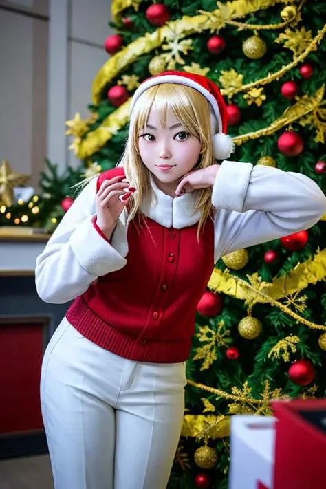 the asian blond christian girl poses with christmas tree, in the style of xiaofei yue, candid celebrity shots, gravure printing, felicia simion, siya oum, dark red and white, webcam photography --ar 75:74 --niji 5