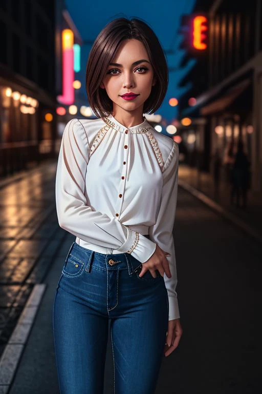 (<lora:skinny_new_skin>:0.2), (<lora:detailed_eye>:0.1), RAW photo, (a beautiful woman is posing, short hair, standing near a building:1.4, (wearing a long sleeve white blouse:1.6), (high detailed skin, lipstick, smirk:1.2), 8k uhd, dslr, soft lighting, high quality, film grain, Fujifilm XT, (bokeh, f/2.8 aperture, cowboy shot:1.4), nighttime, (neon signs far in the background, sidewalk:1.2), (straight-leg black jeans, reflections on ground, street:1.4), (<lora:epi_noiseoffset2>:0.8), (low key lighting:1.1), (<lora:LowRA>:0.7), (wet ground:1)