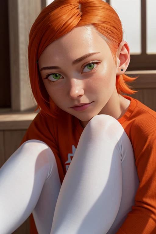 (<lora:Gwen-10>:1), Gwendolyn Tennyson, a young girl, green eyes, (<lora:polyhedron_new_skin_v1.1>:0.2), (<lora:detailed_eye-10>:0.1), close up portrait, RAW photo, orange hair, (high detailed skin:1.2), 8k uhd, dslr, soft lighting, high quality, film grain, (long sleeves, white pants:1.2), short hair, smirk