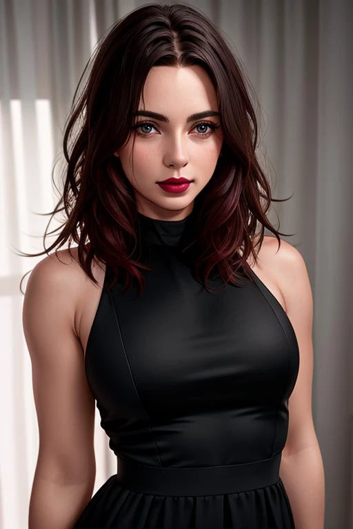 (<lora:polyhedron_new_skin_v1.1>:0.2), (<lora:detailed_eye-10>:0.1), RAW photo, (a woman, medium length hair, lipstick:1.4) (high detailed skin:1.2), 8k uhd, dslr, soft lighting, high quality, film grain, Fujifilm XT, wearing a black sleeveless dress, (<lora:epi_noiseoffset2>:0.8)