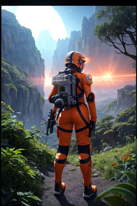 Masterpiece,highest quality,rear angle,Highly detailed photo of a (female space soldier wearing orange and white space suit, helmet, with tinted face shield, rebreather, accentuated booty),athletic body,(investigating a strange glowing alien artifact),on alien exoplanet,(mountains:1.1),(exotic rain forest),lush vibrant foliage,(two moons in the sky:0.8),(hyperdetailed, intricately detailed),background by Jessica Rossier,(sci-fi),during the day,(lens flare:0.5),(bloom:0.6),particle effects,(cinematic lighting:1.1),sharp shadows,ambient light,[bioluminescente],raytracing,photographed on a Fujifilm X-S10 Mirrorless Camera,25mm F2.8 ultra-wide-angle lens,sharp focus,Cinestill 800T,still frame from Gravity 2013,8k,HDR,from behind,<lora:add_detail:0.4>,<lora:more_details:0.4>,