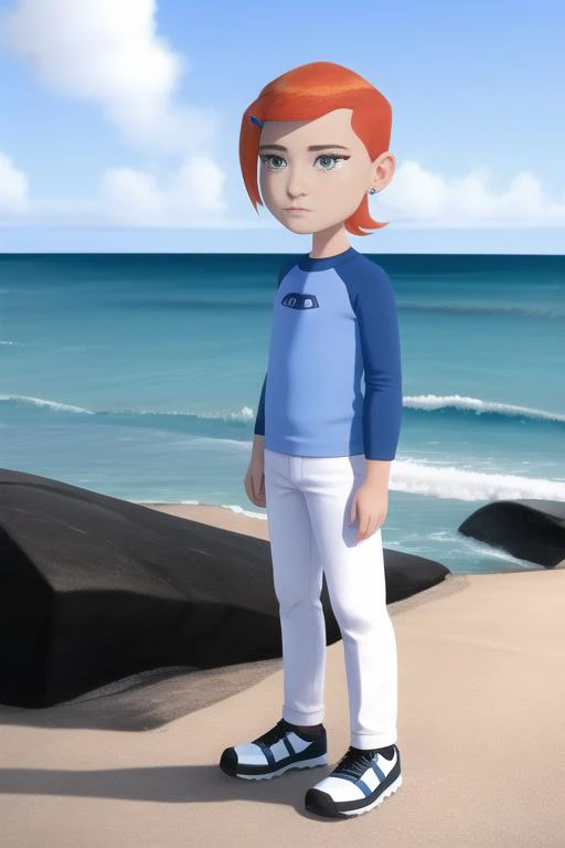 masterpiece,best quality,Gwendolyn_Tennyson,1girl,solo,(smirk:0.5),long sleeves,white pants,standing,beach,ocean,dynamic angle,facing viewer,EasyNegative,<lora:Gwen-10:1>,
