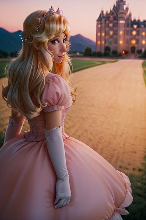 <lora:skinny_new_skin:0.2> <lora:detailed_eye:0.1> RAW photo, (princess peach:1.4) (high detailed skin:1.2), 8k uhd, dslr, soft lighting, high quality, film grain, Fujifilm XT, wearing a pink dress, (blonde hair:1.2), (princess Peach's Castle in the background far away, bokeh, blurry background:1.4), (blue eyes, white gloves), (cowboy shot:1.4)