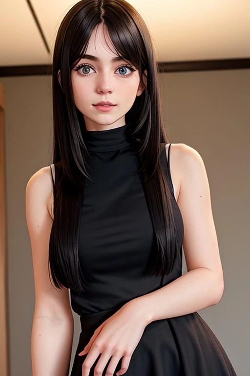 <lora:skinny_new_skin:0.2> <lora:detailed_eye:0.1> RAW photo, (a beautiful young woman:1.4) (high detailed skin:1.2), 8k uhd, dslr, soft lighting, high quality, film grain, Fujifilm XT, wearing a sleeveless dress, (black dress:1.2), (straight hair:1.4), (cowboy shot, wide hips:1.2)