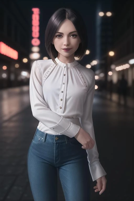 <lora:skinny_new_skin:0.2> <lora:detailed_eye:0.1> RAW photo, (a beautiful woman is posing, short hair, standing near a building:1.4, (wearing a long sleeve white blouse:1.6), (high detailed skin, lipstick, smirk:1.2), 8k uhd, dslr, soft lighting, high quality, film grain, Fujifilm XT, (bokeh, f/2.8 aperture, cowboy shot:1.4), nighttime, (neon signs far in the background, sidewalk:1.2), (straight-leg black jeans, reflections on ground, street:1.4), <lora:epi_noiseoffset2:0.8>, (low key lighting:1.1), <lora:LowRA:0.7>, (wet ground:1)