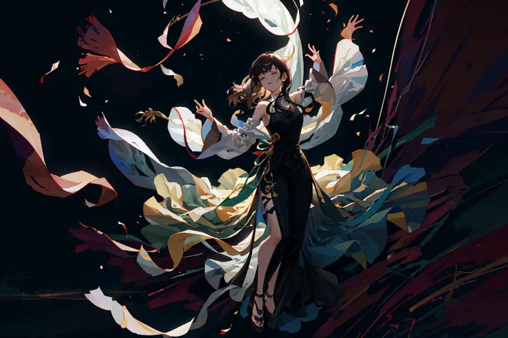 (masterpiece:1.3),(best quality:1.2),8k,absurdres,(extremely detailed:1.3),highestres,
<lora:lowRA:0.6>,
dancing, 1girl, solo, long hair, brown hair, black hair, dress, bare shoulders, full body, closed eyes, shadow,(ethereal:1.3),(floating:1.2),(floating long dress:1.3),