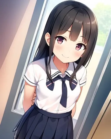 (cura), (sfw), 1girl, blush, smile, cowboy shot, dynamic angle, arms behind back, small breasts, looking_at_viewer, school_uniform, shirt, skirt, <hypernet:cura:1>