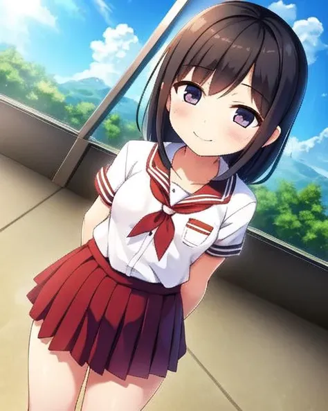 (cura), (sfw), 1girl, blush, smile, cowboy shot, dynamic angle, arms behind back, small breasts, looking_at_viewer, school_uniform, shirt, skirt, <hypernet:cura:1>