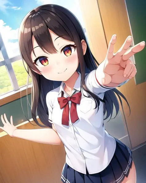 (cura:1.3), 1girl, blush, smile, cowboy shot, dynamic angle, dynamic pose, small breasts, looking_at_viewer, school_uniform, shirt, skirt, <hypernet:cura:1>