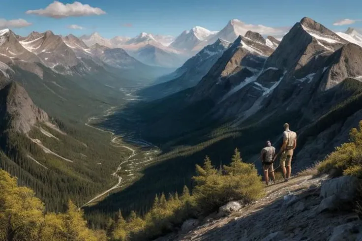 oil painting with very rough paint strokes, low detail impressionistic painting, visible paint strokes, 2 male naked men hiking on a forested mountain, with a view over a dramatic landscape, man, 2men