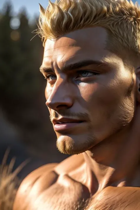 hyperrealistic art fix sun, extremely high-resolution details, photographic, realism pushed to extreme, fine texture, incredibly lifelike, Blonde man, outdoor, golden skin, short hair, facial closeup, nude, a big cum dripping penis close to face, 20years old