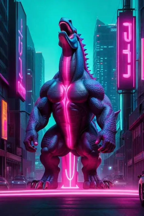 (((masterpiece))), (((best quality))), ((ultra-detailed)), (best quality, photorealistic, hyper realistic, masterpiece:1.3), Gozilla In bright neon colors