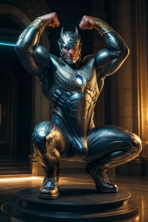 solo, living statue of superhero, (old man), (Hypnosis, rolling eyes), on the pedestal, in The entrance to the villain's company, cinematic, haze, spotllight, cinematic lighting, large open space, plants, bodysuit, (bulge), (flexing and squatting), contraposto, realistic, best quality, detailed background, depth of field, intricate details