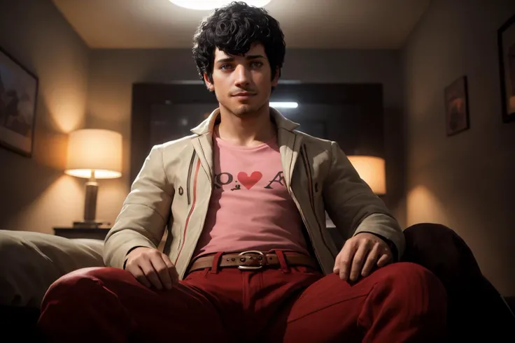 hyperrealistic, (masterpiece), high details, ultra-realistic, photograph of <lora:zs_Vincent:1> vincentp3, black hair, afro, stubble, jacket, pink shirt, heart, pants, sitting legs apart, looking at viewer, blurry bedroom background, bokeh, 32k, cinematic, hands on thighs, smirking, directly facing camera, soft lighting, warm tones, dim light,