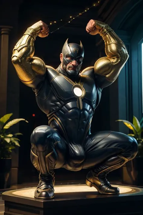 solo, living statue of superhero, (old man), ((Hypnotism, HMD)), on the pedestal, in The entrance to the villain's company, cinematic, haze, spotllight, cinematic lighting, large open space, plants, bodysuit, (bulge), (flexing and squatting), contraposto, realistic, best quality, detailed background, depth of field, intricate details