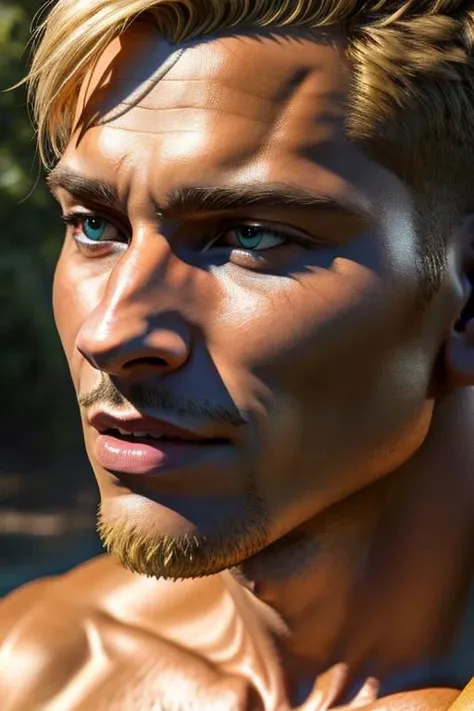 hyperrealistic art fix sun, extremely high-resolution details, photographic, realism pushed to extreme, fine texture, incredibly lifelike, Blonde man, outdoor, golden skin, short hair, facial closeup, nude, a big cum dripping penis close to face, 20years old