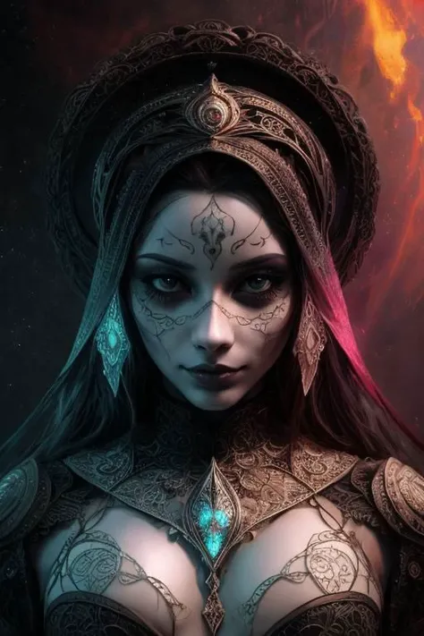 Santa Muerte, best quality, digital painting, extremely smooth, fluid, 3d fractals, light particles, dreamy, smooth, shimmering, dreamy glow, conceptual art by alberto seveso, anna dittmann, arthur rackham, harmonious color scheme, 32k, dry charcoal and crimson color inks line art dreamy female portrait with lot of lace filigrees on black canvas illustration described in the perfect fractal style of Vassily Kandinsky, Jackson Pollock, Alphonse Mucha and Jeremy Mann, HQ, 4K Modifiers: 4K 3D <lora:Gloom:0.6>, Gloom