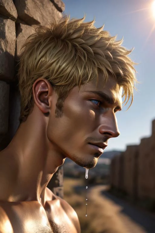 hyperrealistic art fix sun, extremely high-resolution details, photographic, realism pushed to extreme, fine texture, incredibly lifelike, Blonde man, outdoor, golden skin, short hair, facial closeup, nude, holding a cum dripping penis close to face, 20years old