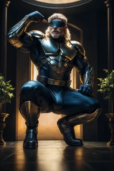 solo, living statue of superhero, (old man), ((Hypnotism, HMD, blindfold)), on the pedestal, in The entrance to the villain's company, cinematic, haze, spotllight, cinematic lighting, large open space, plants, bodysuit, (bulge), (flexing and squatting), contraposto, realistic, best quality, detailed background, depth of field, intricate details