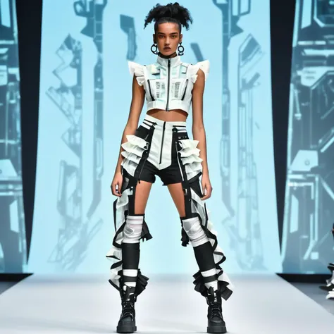 lower body clothing, Voile, , Slim Fit, Natural Waist, Typography,Ruffles,,Slit Details,,Front Pockets,,Two-Piece Set, Corset Closure,,Bleached Wash, , cyberspace,sci-fi, tech,<lora:DonMCyb3rSp4c3XL-000010:0.85>