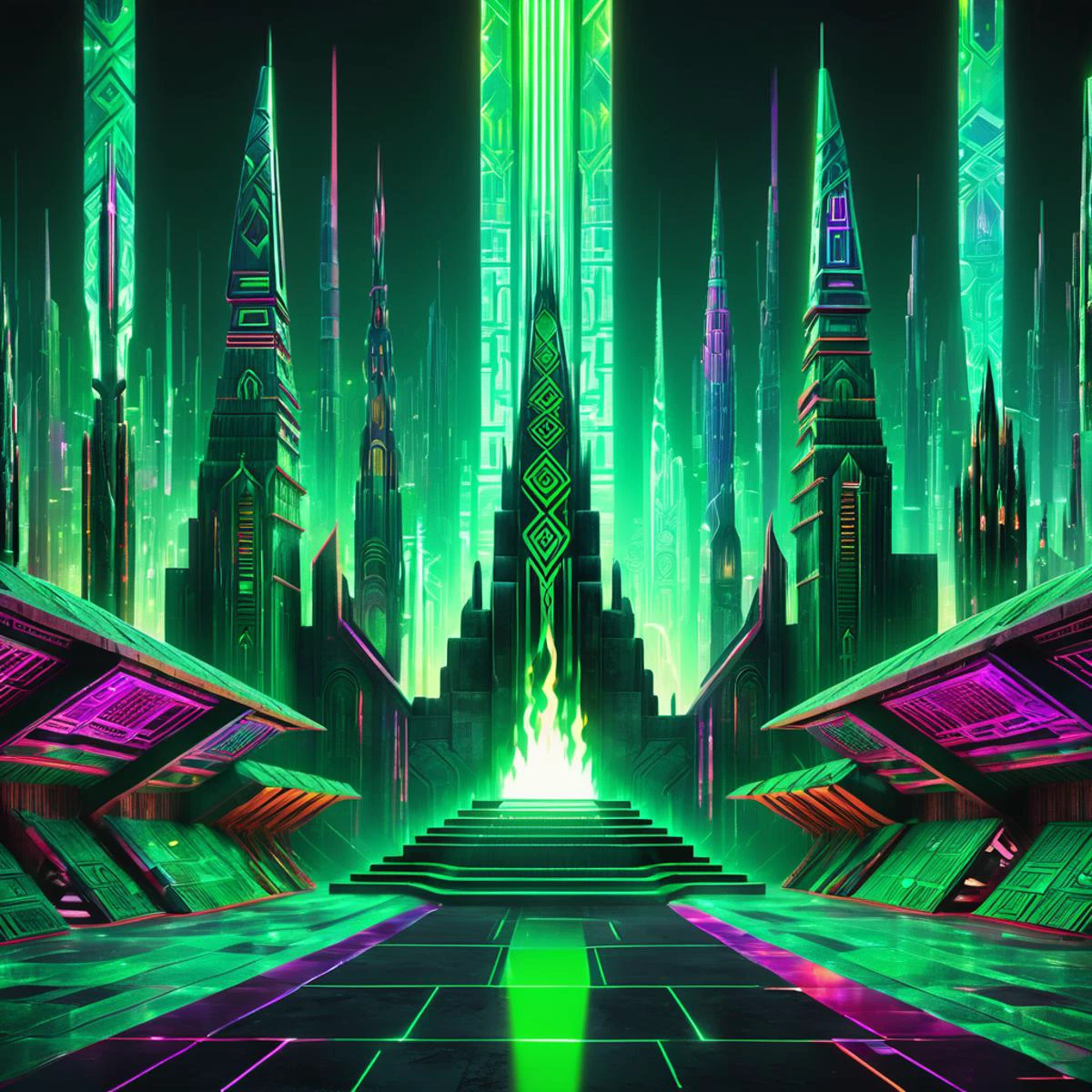 DonMCyb3rSp4c3XL City Halls, Reinforced Concrete,Ceramic Tiles, Tiki Torches with Fire, Downlighting, cyberspace,sci-fi, tech,<lora:DonMCyb3rSp4c3XL-000010:0.85>