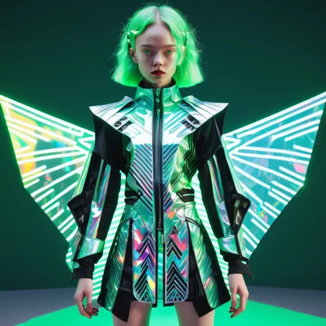 holographic hologram DonMCyb3rSp4c3XL upper body clothing, Robotic Resin, Zigzag lines,, Batwing Sleeves, Asymmetrical Hemline, Natural Waist, Ruffles,,Slit Details,,Coin Pockets,,D-Rings,,High Slit, Button Closure, , cyberspace,sci-fi, tech,<lora:DonMCyb3rSp4c3XL-000010:0.85>