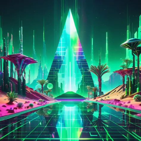 holographic hologram DonMCyb3rSp4c3XL Desert Oasis, cyberspace,sci-fi, tech,<lora:DonMCyb3rSp4c3XL-000010:0.85>