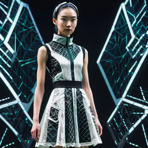 full body clothing, Plunging Neckline, Graphene Composite, Reticulated Pattern, Lace, Sleeveless, Knee Length, Natural Waist, A-Line Skirt, Pockets, , cyberspace,sci-fi, tech,<lora:DonMCyb3rSp4c3XL-000010:0.85>