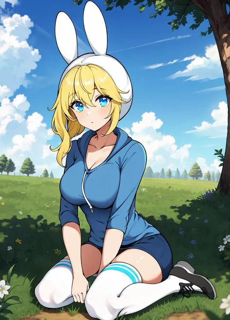 ((masterpiece)), (best quality:1.7), (detailed:1.4), (high res:1.4), 8k, (colorful:1.5), 2d, high resolution, sharped image, 4k, hd, fionna_advtime, 1girl, (((solo))), blonde hair, blue eyes, medium hair, rabbit hood, white thighhighs, large breasts, cowboy shot, hoodie, treadmill shoes, shirt, field, cleavage, grass, clouds, sky, trees, hair between eyes, white bottom, focus on character, on all frame, <lora:fionna_Advtime:0.6>, <lora:thickerLinesanimeStyle:0.6>