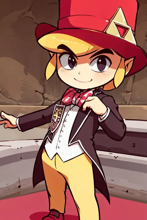 <lora:Diives_Style:0.8>,,((masterpiece,best quality)), <lora:Toon_Link_Zelda:0.8>, Toon_Link_Zelda, black eyes, solo, 1boy, top hat, bowtie, formal clothes, solo, smiling, standing, looking at viewer,