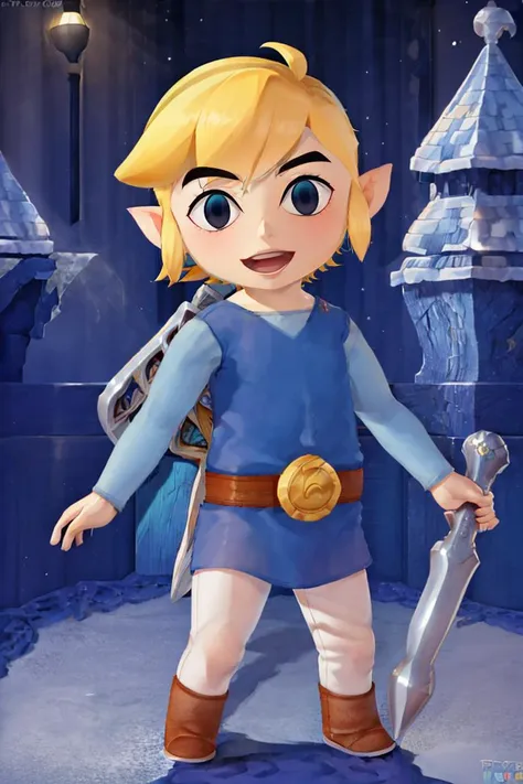 <lora:Puppypaww_Style:0.8>,((masterpiece,best quality)),  <lora:Toon_Link_Zelda:0.9>, Toon_Link_Zelda, black eyes, blue link, solo, 1boy, tunic, belt,  solo, smiling, standing, looking at viewer,