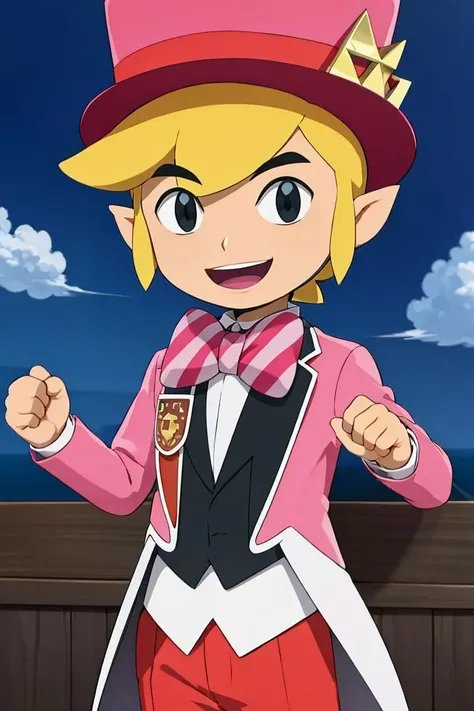 <lora:Alola_Style:0.65>,,((masterpiece,best quality)), <lora:Toon_Link_Zelda:0.8>, Toon_Link_Zelda, black eyes, solo, 1boy, top hat, bowtie, formal clothes, solo, smiling, standing, looking at viewer,