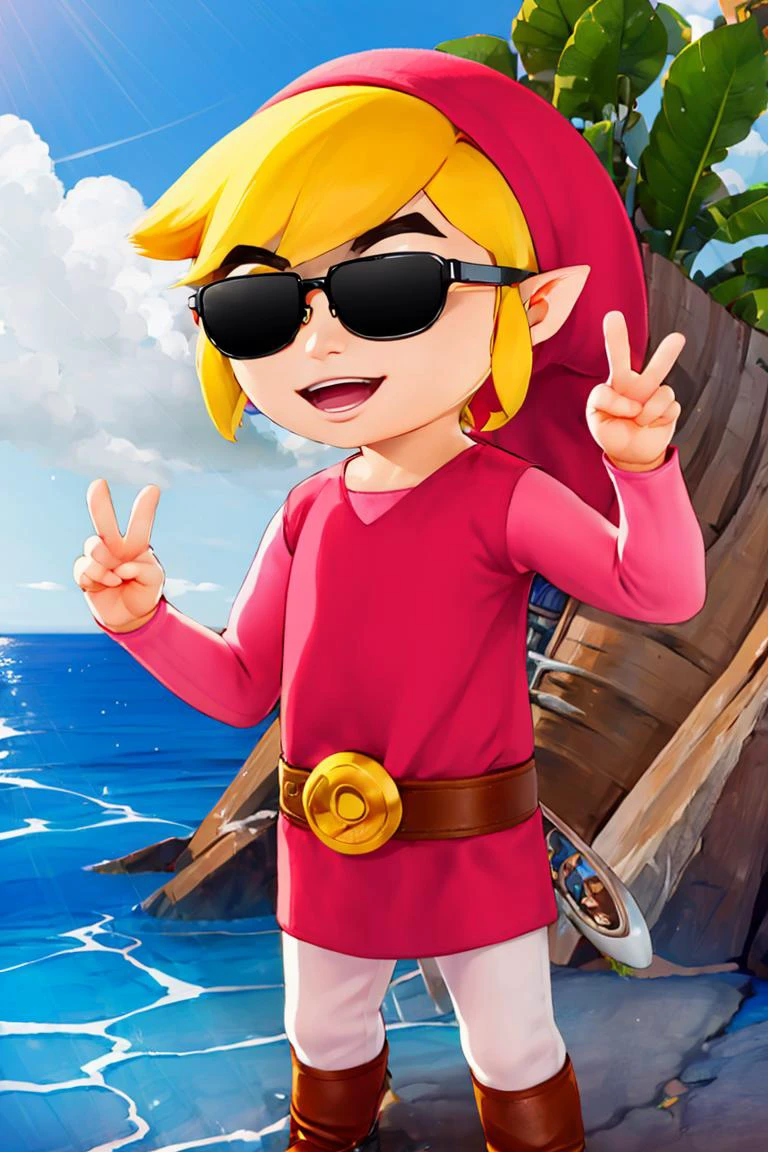 <lora:ricegnat_style:0.8>,((masterpiece,best quality)), <lora:Toon_Link_Zelda:0.9>, Toon_Link_Zelda, black sunglasses, meme, solo, 1boy, red tunic, red hat, belt, solo, smiling, standing, looking at viewer, <lora:loraPeaceSign_v03:1>, peace sign, ocean in background,