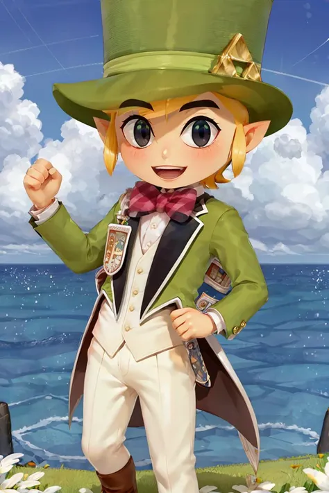 <lora:Puppypaww_Style:0.8>,,((masterpiece,best quality)), <lora:Toon_Link_Zelda:0.8>, Toon_Link_Zelda, black eyes, solo, 1boy, top hat, bowtie, formal clothes, solo, smiling, standing, looking at viewer,