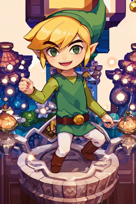 <lora:Harada_Takehito_Background_Dim32:0.8>,((masterpiece,best quality)),  <lora:Toon_Link_Zelda:0.9>, Toon_Link_Zelda, solo, 1boy, green tunic, belt, green hat, solo, smiling, looking at viewer,