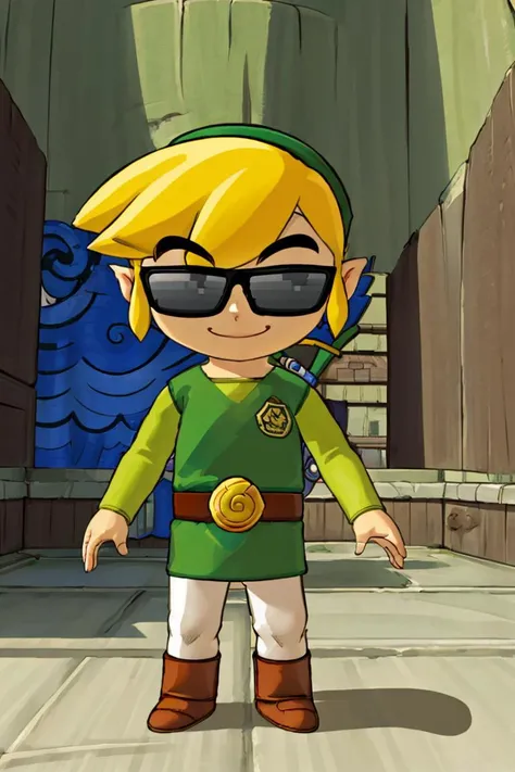 <lora:Toriyama_Akira_Style:0.8>,((masterpiece,best quality)), <lora:Toon_Link_Zelda:0.9>, Toon_Link_Zelda, sunglasses, meme, solo, 1boy, green tunic, belt, solo, smiling, standing, looking at viewer,