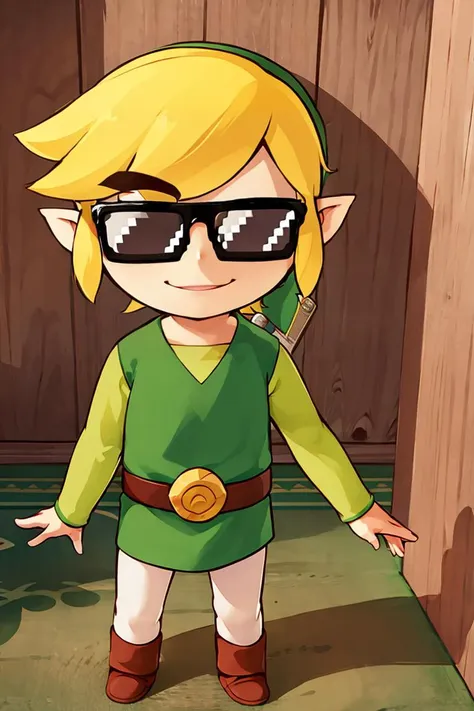 <lora:ricegnat_style:0.8>,((masterpiece,best quality)), <lora:Toon_Link_Zelda:0.8>, Toon_Link_Zelda, sunglasses, meme, solo, 1boy, green tunic, belt, solo, smiling, standing, looking at viewer,