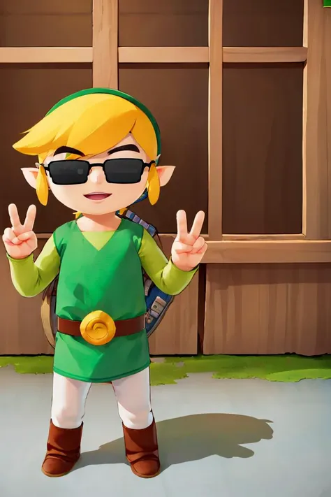 <lora:ricegnat_style:0.8>,((masterpiece,best quality)), <lora:Toon_Link_Zelda:0.9>, Toon_Link_Zelda, black sunglasses, meme, solo, 1boy, green tunic, belt, solo, smiling, standing, looking at viewer, <lora:loraPeaceSign_v03:1>, peace sign,