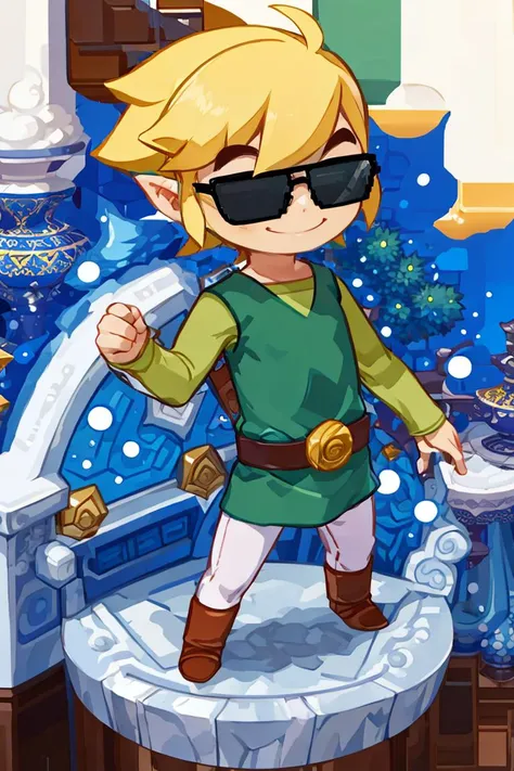 <lora:Harada_Takehito_Background_Dim32:0.8>,((masterpiece,best quality)), <lora:Toon_Link_Zelda:0.8>, Toon_Link_Zelda, sunglasses, meme, solo, 1boy, green tunic, belt, solo, smiling, standing, looking at viewer,