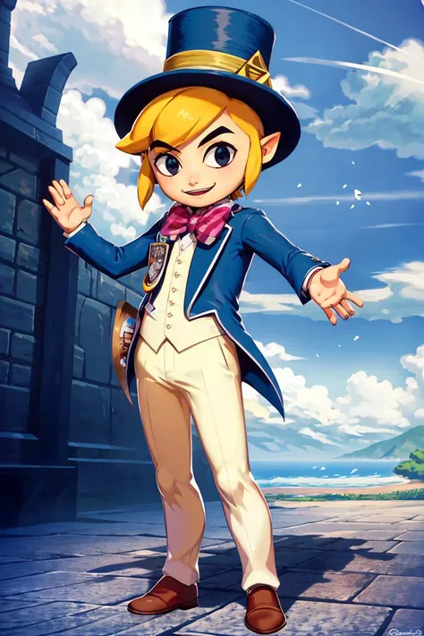 <lora:Genzoman_Style_Dim64:0.6>,,((masterpiece,best quality)), <lora:Toon_Link_Zelda:0.8>, Toon_Link_Zelda, black eyes, solo, 1boy, top hat, bowtie, formal clothes, solo, smiling, standing, looking at viewer,