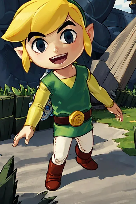 <lora:Alex_Ahad_Style:0.8>,,((masterpiece,best quality)), <lora:Toon_Link_Zelda:0.8>, Toon_Link_Zelda, black eyes, solo, 1boy, tunic, belt, solo, smiling, standing, looking at viewer,