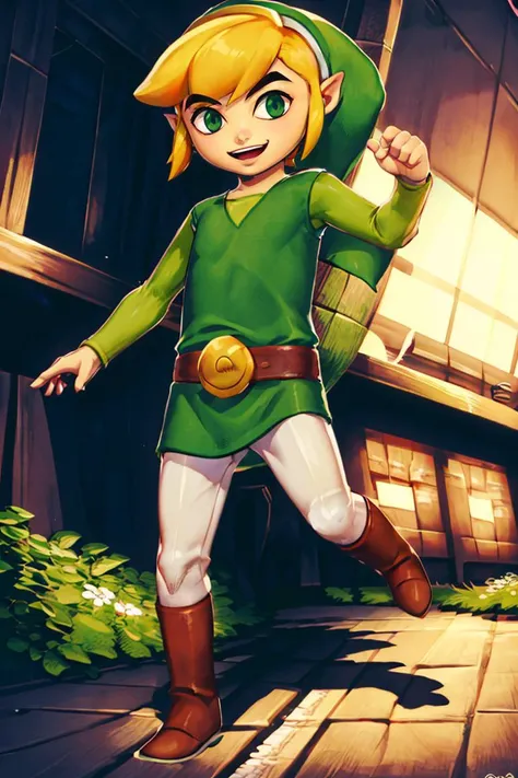 <lora:Genzoman_Style_Dim64:0.6>,((masterpiece,best quality)), <lora:Toon_Link_Zelda:0.9>, Toon_Link_Zelda, solo, 1boy, green tunic, belt, green hat, solo, smiling, looking at viewer,