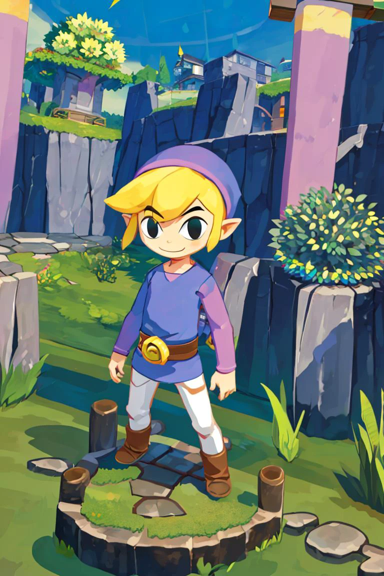 <lora:Harada_Takehito_v2_Repeats5:0.8>,((masterpiece,best quality)), <lora:Toon_Link_Zelda:0.9>, Toon_Link_Zelda, black eyes, purple hat, white pants, solo, 1boy, tunic, belt, solo, smiling, standing, looking at viewer,